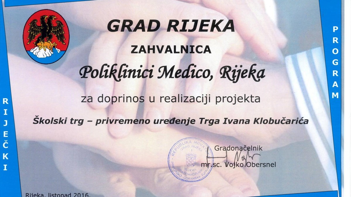 Grad Rijeka Poliklinici Medico dodijelio zahvalnicu za doprinos u realizaciji projekta “Školski trg – privremeno uređenje Trga Ivana Klobučarića”